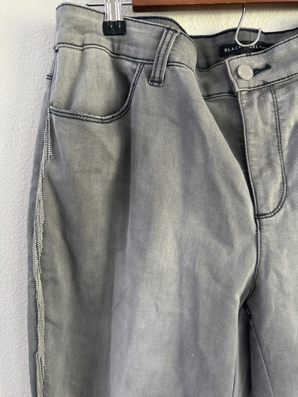 Black label Chicos Fringe Denim gray jeans Metal bead chain fringe 1.5 Ankle